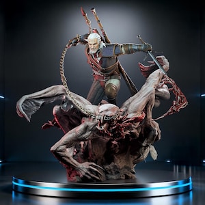 May include: A detailed statue of a warrior in brown and black armor, wielding a sword against a monstrous creature. The statue features intricate details, with a chain and weapons on the warrior's back. The base is a round platform with a blue neon light.
