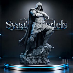 May include: A gray statue of a hooded figure with arms crossed, standing on a rocky base atop a circular platform. The figure wears a cape, armor, and a belt. The background features the text "Syaaa Models" in a metallic font.