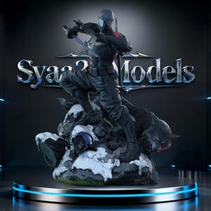 May include: A detailed statue of a character in a black tactical suit, holding two swords, atop a snowy rock formation with a wolf. The statue is on a round, illuminated platform. The text "Syaa Models" is displayed in the background.
