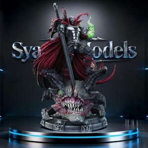 May include: A detailed statue of Spawn, a comic book character, stands on a round platform. The figure is clad in a black and white suit with a flowing red cape, holding a large sword and a green flame. The base features a monster with sharp teeth.