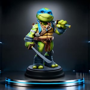 May include: A detailed figurine of Leonardo from Teenage Mutant Ninja Turtles. The green turtle figure is posed with two katanas, wearing a blue mask, and a brown belt. The figure is on a black base with a blue neon light.