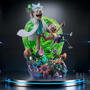 May include: A detailed figurine of Rick and Morty characters. Rick, in a white lab coat, holds a ray gun, while Morty is being pulled through a green portal. The base features colorful flora and a rocky landscape, all set on a metallic platform.