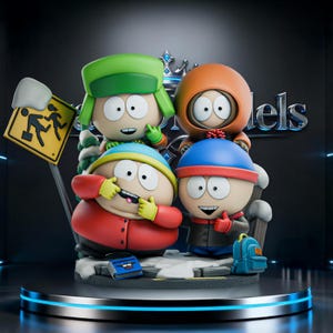 Könnte beinhalten: Ein South Park Figuren-Set mit vier Charakteren: einer mit grüner Mütze, einer mit orangefarbenem Parka, einer mit roter Jacke und einer mit blauer Mütze. Ein gelbes Schulweg-Verkehrsschild, ein blauer Rucksack und ein kleines blaues Buch sind enthalten.