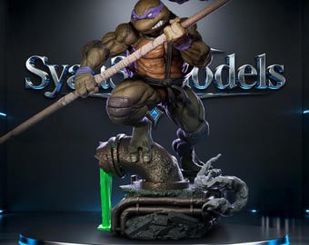 May include: A detailed statue of Donatello from Teenage Mutant Ninja Turtles, posed with his bo staff. The figure is predominantly green, with purple accents and a brown belt. The base features a sewer pipe with green liquid. The text "Sya Models" is visible.