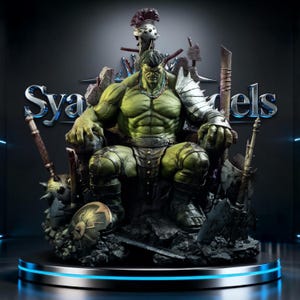 May include: A detailed green Hulk statue seated on a throne, surrounded by weapons and armour. The statue has a muscular physique and is wearing armour on one shoulder. The base is a metallic blue and silver. The text "Sya Models" is visible.