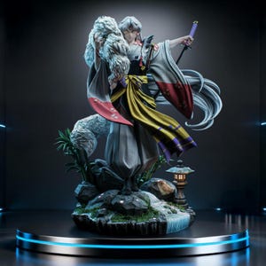 Puede incluir: Figura detallada de un personaje de anime, con un kimono blanco y rojo con detalles dorados. El personaje sostiene una espada y está rodeado por una estola de piel. La base incluye una cascada en miniatura y una linterna japonesa.