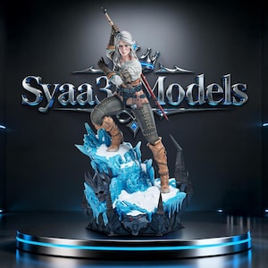 May include: A detailed figurine of a white-haired warrior holding a sword above their head, wearing a white shirt, brown leather gloves, and dark pants. The character stands on a base of jagged blue ice and black rock with a skull emblem.
