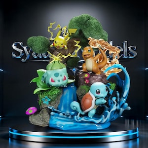 May include: A detailed figurine featuring Pikachu, Charmander, Bulbasaur, and Squirtle amidst a waterfall and stylized water effects. The base is a metallic silver with blue LED lighting. The background has the text "Syndels".