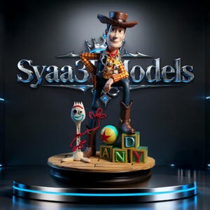 Peut inclure: Figurine détaillée de Woody de Toy Story, portant un chapeau de cowboy, un gilet et des bottes, posé sur une plateforme en bois. À côté, une figurine de Forky, une balle et des blocs épelant "ANY". Le fond présente le texte "Syaa3 Models".