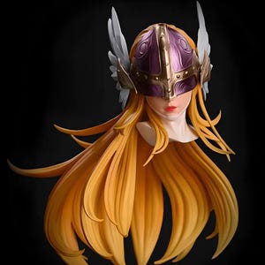 May include: A bust of a figure with long, flowing golden hair and a helmet. The helmet is a combination of purple and gold, with white wing accents. The figure has a fair complexion and red lips, set against a black background.