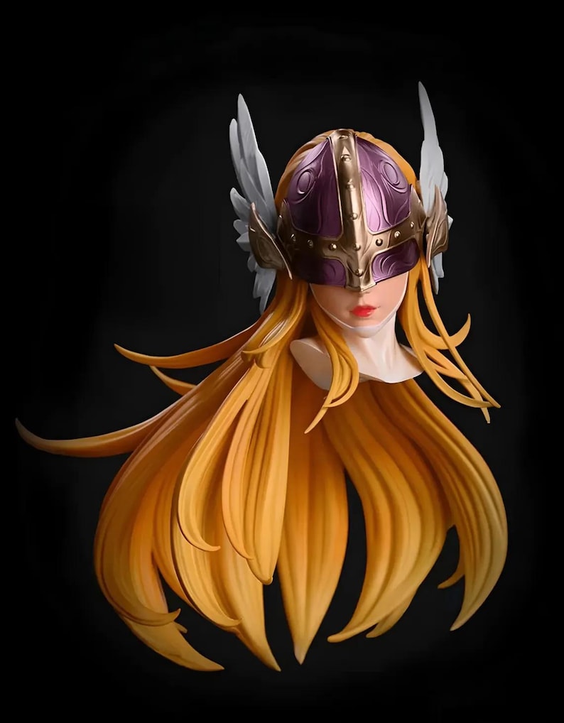 May include: A bust of a figure with long, flowing golden hair and a helmet. The helmet is a combination of purple and gold, with white wing accents. The figure has a fair complexion and red lips, set against a black background.