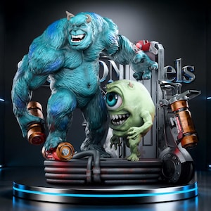 May include: A detailed statue featuring the Monsters, Inc. characters Sulley and Mike Wazowski. Sulley is a large, blue monster with horns, and Mike is a small, green, one-eyed monster. The statue has a futuristic design with the word "ON" and "els" visible.