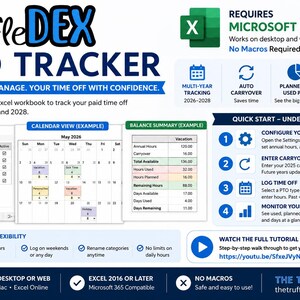 May include: A digital graphic for a PTO tracker, designed for Microsoft Excel. The blue and white design includes a calendar view, balance summary, and quick start guide. The text reads "Plan, Track, Manage, Your Time Off With Confidence."