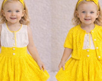 Handmade Yellow Knit Dress Set with Cardigan & Bow Headband