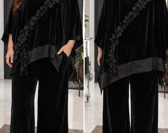 Elegante conjunto de dos piezas de terciopelo negro – Traje de noche de talla grande