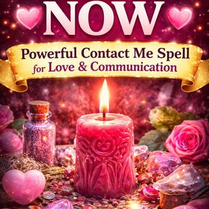 Puede incluir: Imagen vibrante con una vela roja encendida con intrincadas tallas, rodeada de rosas rosas, cristales y una piedra en forma de corazón. Se muestra el texto "TEXT ME NOW" y "Powerful Contact Me Spell for Love & Communication".