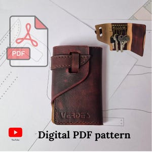 May include: A dark burgundy leather key holder with a buckle closure, embossed with "VERDE'S". The image also shows a key organizer with keys, a PDF icon, and the text "Digital PDF pattern".
