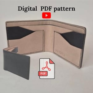 May include: A bi-fold wallet featuring a light beige interior with dark grey accents and a dark grey exterior flap. The text Digital PDF pattern is displayed above, accompanied by a YouTube play icon and a PDF file icon. The word VERDES is embossed.