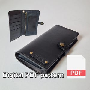 May include: Black leather wallet with a snap closure and gold-colored rivets. The wallet is shown open and closed, revealing multiple card slots and a zippered pocket. The text "Digital PDF pattern" is displayed at the bottom.