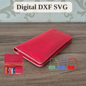 May include: A bright pink leather wallet shown in a closed position and an open position displaying multiple card slots. The image includes the text Digital DXF SVG and icons representing SVG, DXF, and PDF file formats for a digital craft pattern.
