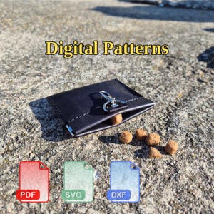 May include: A black leather pouch with a silver metal lobster clasp and visible stitching. The text Digital Patterns is displayed above. Three file icons labeled PDF, SVG, and DXF are at the bottom. Several small brown kibble pieces are scattered nearby.