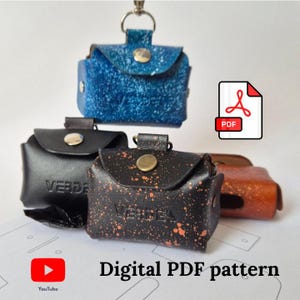 May include: A collection of small, leather pouches in various colors, including blue, black, and brown, with a clasp closure and a metal button. The pouches have a textured appearance, some with speckled designs. The image also includes a PDF icon and the text "Digital PDF pattern".