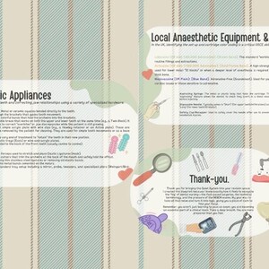 May include: An informational poster with text about orthodontic appliances and local anesthetic equipment. The poster includes illustrations of dental tools, a tooth model, and a magnifying glass. The background has a striped pattern.