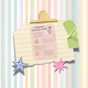 Puede incluir: Un portapapeles con un clip dorado contiene una "Guía de supervivencia en la cabecera" con ilustraciones. Una estrella azul y una estrella rosa adornan el portapapeles. Un trozo de papel verde está pegado en el lado derecho.
