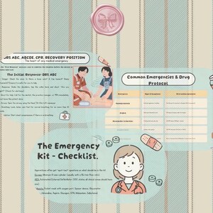 May include: An illustrated guide with text on emergency procedures, including DRS ABC, CPR, and recovery position. The image includes a checklist for an emergency kit and a table detailing common emergencies and drug protocols. A pink bow seal is at the top.