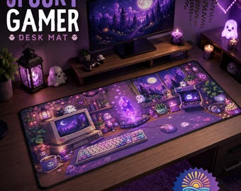 Spöklikt gamer-skrivbordsmatta, indie-pixel-skräck-gamingmusmatta, söt spöke-stor skrivbordsmatta, mysig speluppställningspresent