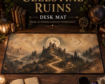 Dark Academia skrivbordsmatta, Celestial Ruins Fantasy musmatta, medeltida slott skrivbordsdekor present