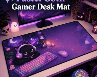 Gamer-skrivbordsmatta, pastellgotisk svart katt-gamingmusmatta, kusligt söt skrivbordsuppsättning, mysig gamerpresent