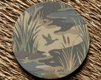 Marsh Camo Car Coasters Set of 2, Duck Hunting Soapstone Cup Holder Coasters, Outdoorsman Truck Accessory Gift