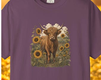 Höglandskon-skjorta med solrosmotiv, rustik lantlig t-shirt med komfortfärger