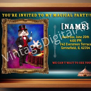 Puede incluir: Una invitación de fiesta digital con un gato vestido de mago en un marco dorado. El texto dice: YOU'RE INVITED TO MY MAGICAL PARTY!! [NAME] Saturday, June 20th 4:00 PM 742 Evergreen Terrace Springfield, IL 62704 WE CAN'T WAIT TO SEE YOU!