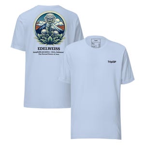 May include: Light blue t-shirts with a graphic of a white flower, mountains, and clouds inside a circular frame. The text "EDELWEISS" and other text are printed below the graphic. The brand name "Trip13P" is printed on the front.