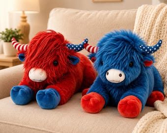 Highland Cow Red White Blue Plushie, 4th of July Stuffed Animal, Patriotic Highland Cow Plush, American Independence Day Gift, USA Decor Toy