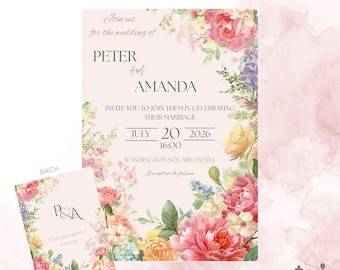 Editable Wedding Invitation Template | Colorful Floral Invite | Bold Romantic Wedding | Printable Invitation