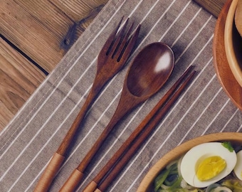 Wood Cutlery Set Travel Utensils, Reusable Spoon Fork Chopsticks Set, Eco Dining Gift for Him Her, Japanese Style Tableware