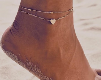 Pulsera tobillera con forma de corazón, joyería playera en capas de oro y plata, 22 cm/8,7 pulgadas, regalo para ella, cadena para el pie estilo boho veraniego.