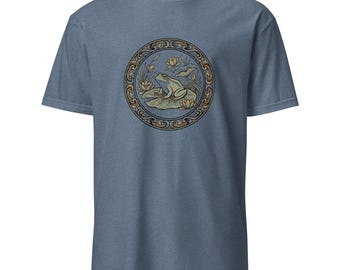 日本のカエルTシャツ、浮世絵風植物柄Tシャツ、ヴィンテージアートカエルTシャツ