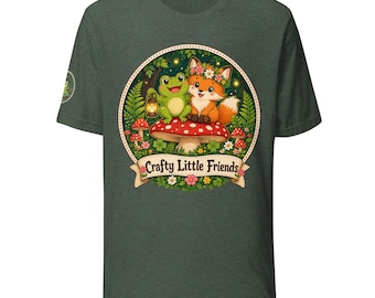 クラフティ・リトル・フレンズTシャツ｜かわいいカエルとキツネのTシャツ｜コテージコアキッズTシャツ｜キノコの森Tシャツ｜親友Tシャツ｜かわいい動物Tシャツ