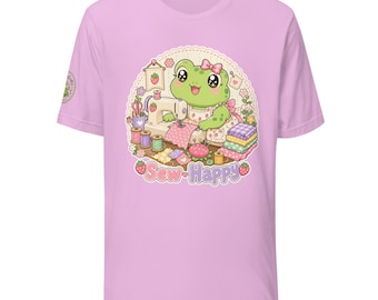 ソーイングハッピーカエルシャツ｜かわいいソーイングTシャツ｜キュートなカエルのソーイングTシャツ｜キルターへのギフト｜パステルコテージコアソーイングシャツ｜イチゴカエル