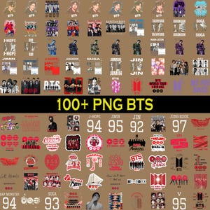 Op de afbeelding: Een verzameling van meer dan 100 PNG-afbeeldingen met de Zuid-Koreaanse jongensband BTS. De afbeeldingen bevatten individuele portretten, groepsfoto's en verschillende logo's en graphics die bij de band horen, in diverse kleuren.