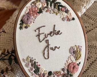 Oval Hand-Stitched Baby Name Embroidery Hoop with Floral Design
