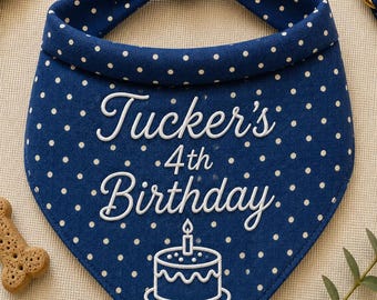 May include: A dark blue pet bandana featuring a white polka dot pattern and a tie-top closure. The fabric is embroidered with the white text Tucker's 4th Birthday above a graphic of a single-tiered birthday cake topped with a lit candle.