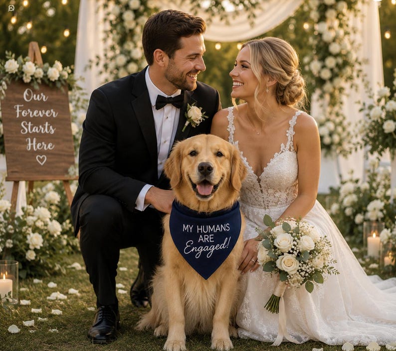 May include: A wedding photograph showing a couple and a golden retriever. The dog is wearing a navy blue bandana with the text "MY HUMANS ARE ENGAGED!". The bride wears a white wedding dress, and the groom is in a black tuxedo. A wooden sign reads "Our Forever Starts Here".