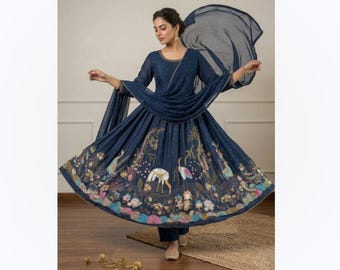 Navy Blue Pakistani Anarkali Suit | Hand Embroidered Party Wear Dress | Indian Wedding Guest Outfit with dupatta