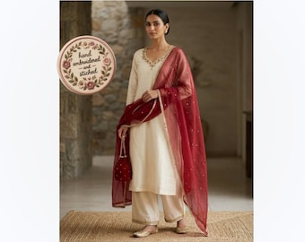 Ivoorkleurige zijden Kurta-set met dupatta-organza | Met de hand geborduurde Indiase etnische palazzokleding