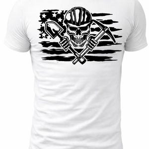 May include: White t-shirt featuring a black and white graphic of a skull wearing a hard hat, holding a shovel and pickaxe, set against a stylized American flag background. The design is a bold, illustrative style.